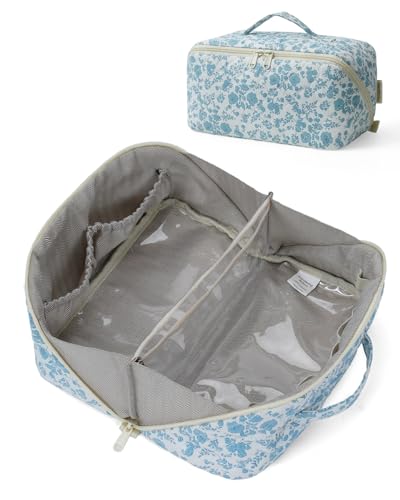 Wandering Nature Reise-Make-up-Tasche, Reise-Make-up-Tasche mit großem Fassungsvermögen, gesteppte Make-up-Organizer-Tasche, offene flache Reise-Kulturbeutel für Damen, Kosmetiktasche mit Trennwand von Wandering Nature