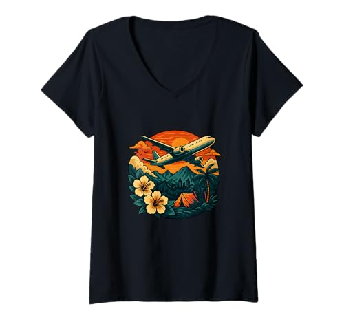Damen Reiseflugzeug Sunset Tropical Explorer T-Shirt mit V-Ausschnitt Damen Reiseflugzeug Sunset Tropical Explorer T-Shirt mit V-Ausschnitt von Wanderlust Aviation Retro Sunset Travel Apparel