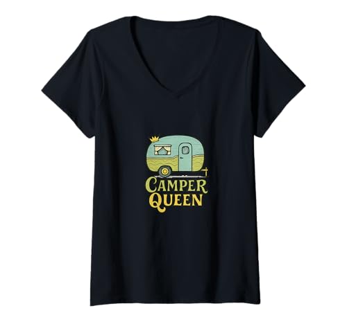Damen Camper Queen Camping Retro Reise Design für Outdoor T-Shirt mit V-Ausschnitt Damen Camper Queen Camping Retro Reise Design für Outdoor T-Shirt mit V-Ausschnitt von Wanderlust Crowns Emporiums