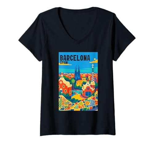 Damen Buntes Barcelona Spanien Gaudí Park & Sagrada Familia Travel T-Shirt mit V-Ausschnitt Damen Buntes Barcelona Spanien Gaudí Park & Sagrada Familia Travel T-Shirt mit V-Ausschnitt von Wanderlust Horizon World Travel Tee Co. Apparel