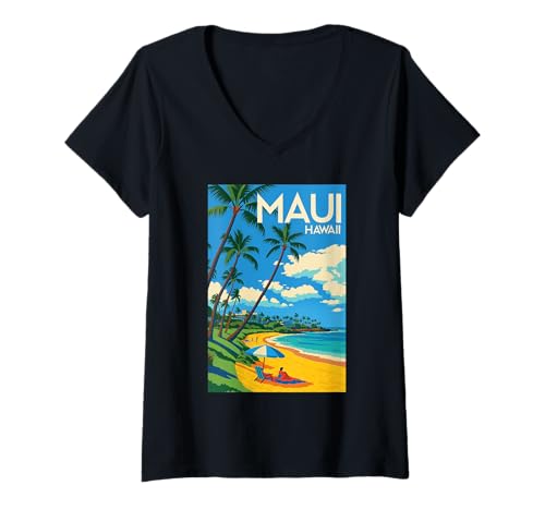 Damen Retro Maui Hawaii Strand Szene Palmen Hawaii Insel Kunst T-Shirt mit V-Ausschnitt Damen Retro Maui Hawaii Strand Szene Palmen Hawaii Insel Kunst T-Shirt mit V-Ausschnitt von Wanderlust Horizon World Travel Tee Co. Apparel