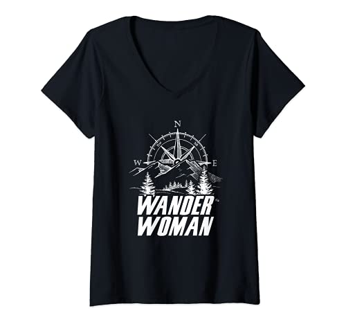 Damen Wanderwoman Damen Wandern Wanderin Berge Natur T-Shirt mit V-Ausschnitt Damen Wanderwoman Damen Wandern Wanderin Berge Natur T-Shirt mit V-Ausschnitt von Wanderlust Rucksacktourismus Campen Outdoor Wald