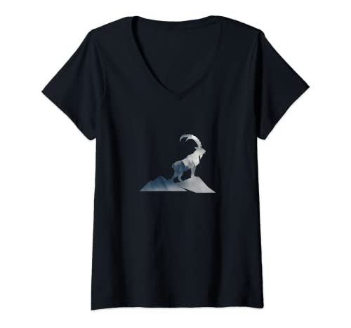 Damen Steinbock Silhouette mit Berg Wald & Nebel - Natur Wandern T-Shirt mit V-Ausschnitt von Wandern Berge Alpen Geschenk Für Wanderer