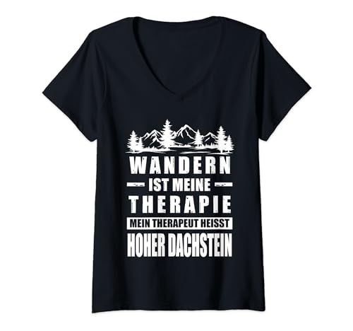 Damen Hoher Dachstein Berg Gipfelkreuz Berghütte T-Shirt mit V-Ausschnitt von Wandern Natur Berge Spruch Lieblingsberg Gipfel