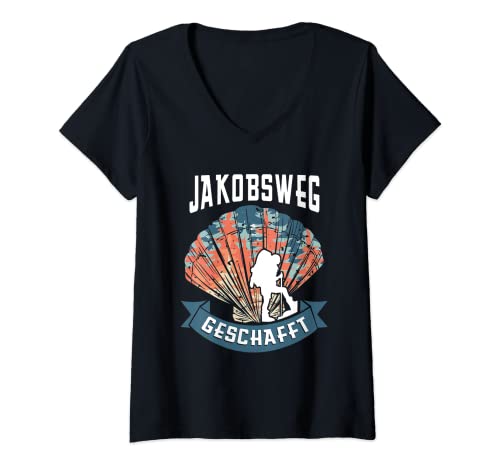 Damen Camino De Santiago Jakobsweg Geschafft T-Shirt mit V-Ausschnitt von Wandern Pilgerreise Pilgerer Pilgern Geschenk