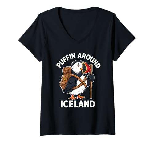 Damen Puffin Island Wandern Cartoon Reise Souvenir T-Shirt mit V-Ausschnitt Damen Puffin Island Wandern Cartoon Reise Souvenir T-Shirt mit V-Ausschnitt von Wandern auf Island