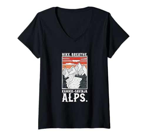 Damen Wandern - Kamnische Alpen T-Shirt mit V-Ausschnitt Damen Wandern - Kamnische Alpen T-Shirt mit V-Ausschnitt von Wandern in Slowenien