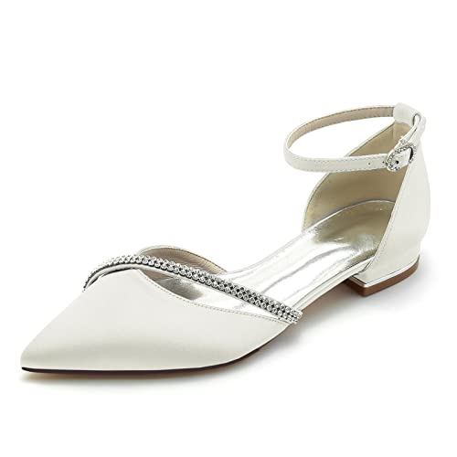 Frauen Pumps Court Shoes, Hochzeitsschuhe Damen Spitz Toe Braut Satin Hochzeit Heels, Strap Brautschuhe Hochzeit Schuhe, Sandaletten mit Blockabsatz Flache Schuhe,Elfenbein,41 EU von WangSiwe