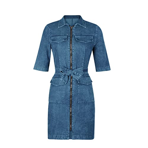 WangYangg Damen Jeanskleid Sommerkleid Kurzes Denim-Kleid Bodycon Bleistiftrock mit Reißverschluss kurzärmliges Kleid mit Schnürung an der Taille von WangYangg