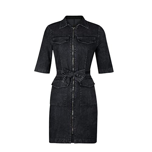 WangYangg Damen Jeanskleid Sommerkleid Kurzes Denim-Kleid Bodycon Bleistiftrock mit Reißverschluss kurzärmliges Kleid mit Schnürung an der Taille von WangYangg