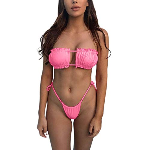 Damen-Badeanzug, 2-teilig, sexy, mit Rüschen, BH, Plissee, ohne Träger, mit niedrigem Bund, Triangel-Bikini Gr. M, fuchsia von WangsCanis