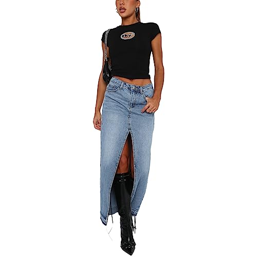 Damen Jeansröcke Hohe Taille Schlitz Vorne A-Linie Maxi Gothic Rock Lange Jeansröcke mit Taschen (Blau, M) von WangsCanis