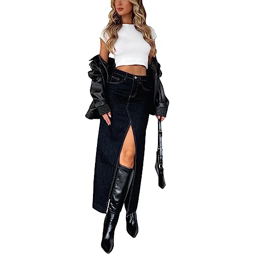 Damen Jeansröcke Hohe Taille Schlitz Vorne A-Linie Maxi Gothic Rock Lange Jeansröcke mit Taschen (Dunkelblau, L) von WangsCanis