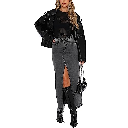 Damen Jeansröcke Hohe Taille Schlitz Vorne A-Linie Maxi Gothic Rock Lange Jeansröcke mit Taschen (Grauschwarz, L) von WangsCanis