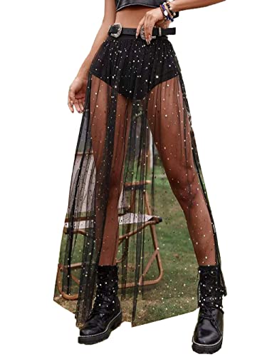 Damen Lange Tüllröcke Hochzeit Halloween Pailletten Glitzer Rock Mesh Glitzernd Hohe Taille Maxirock mit Innen Shorts (Schwarz, L) von WangsCanis