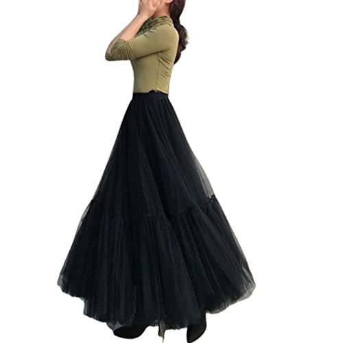 Damen Tüllrock 50er Rockabilly Petticoat Tutu Unterrock Elastische Taille Lang Röcke Tanzkleid Ballkleid Karneval Faschingskostüme Maxi Rock (Einheitsgröße, Schwarz/80cm Länge) von WangsCanis