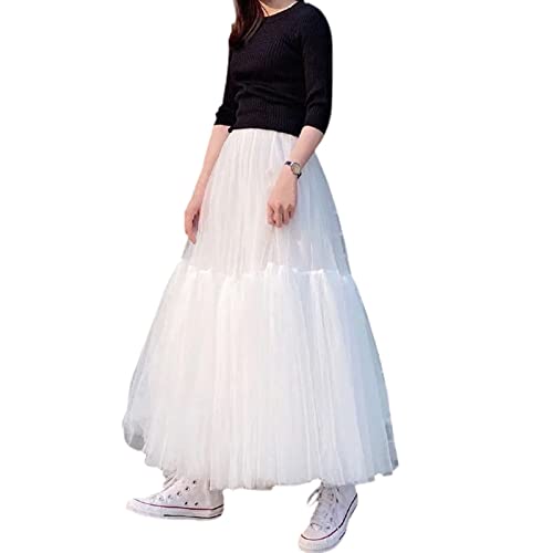 Damen Tüllrock 50er Rockabilly Petticoat Tutu Unterrock Elastische Taille Lang Röcke Tanzkleid Ballkleid Karneval Faschingskostüme Maxi Rock (Einheitsgröße, Weiß/90cm Länge) von WangsCanis