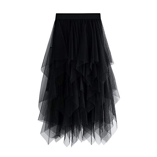 WangsCanis Damen Tüllrock Elastische Taille Unterrock Ballettrock Faltenrock Maxirock Sheer Tutu Tüll Rock, Einheitsgröße, Schwarz Knielänge von WangsCanis