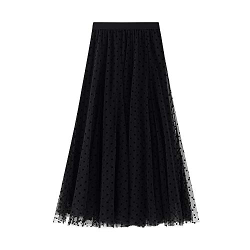 Damen Tüllrock Falten Rock Höhe Taille A Line Mesh Freizeit Spitze Midi Röcke Wellenpunkt-schwarz von WangsCanis