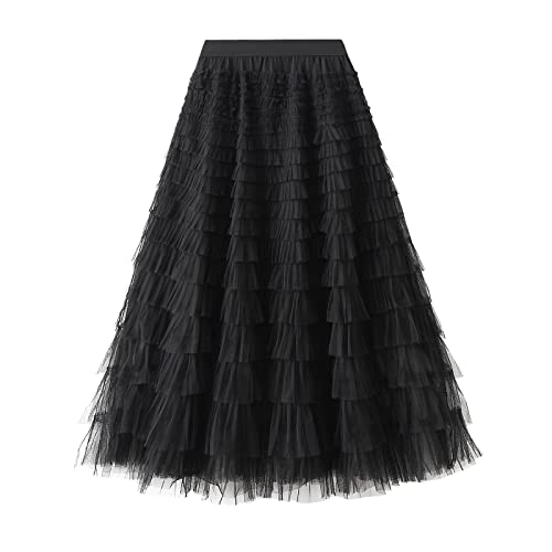 Damen Tüllrock Rüschen Vielschichtiger Mesh A-Line Stufe Tutu Prom Hochzeit Lange Tüll Röcke (Schwarz, One Size) von WangsCanis