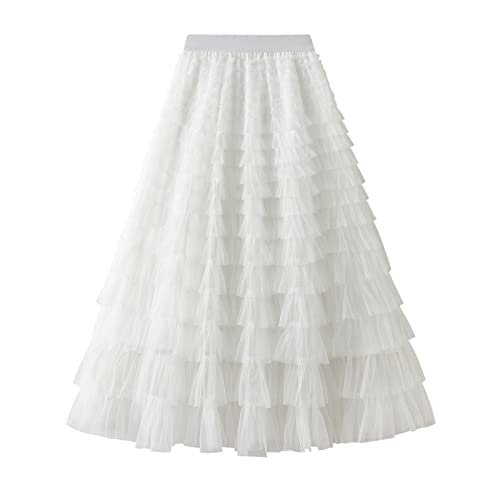 Damen Tüllrock Rüschen Vielschichtiger Mesh A-Line Stufe Tutu Prom Hochzeit Lange Tüll Röcke (Weiß, One Size) von WangsCanis