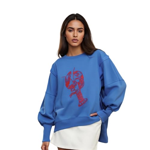 Damen Übergroßem Grafikmuster Sweatshirt Y2K Lange Ärmel Überschnittene Schulter Rundhals Ausschnitt Shirt Oberteile Vintage Stern Pullover (Blau 1, M) von WangsCanis