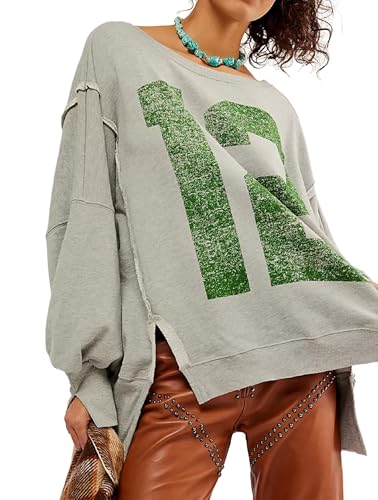 Damen Übergroßem Grafikmuster Sweatshirt Y2K Lange Ärmel Überschnittene Schulter Rundhals Ausschnitt Shirt Oberteile Vintage Stern Pullover (Hellgrau, L) von WangsCanis