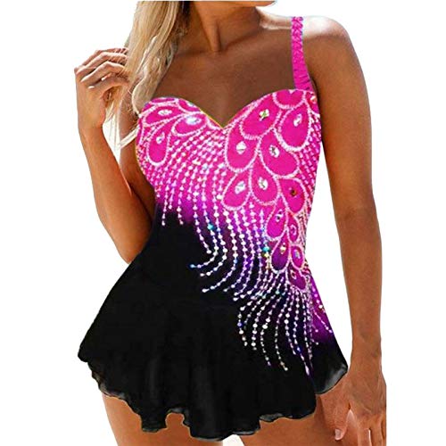 Damen Vintage Tankini 2-teilig Badeanzüge Push-Up V-Ausschnitt mit Kissen Schlankheitseffekt Slim Sexy Monokini große Größe Strandbekleidung, Rosa Bedruckt, 5XL von WangsCanis