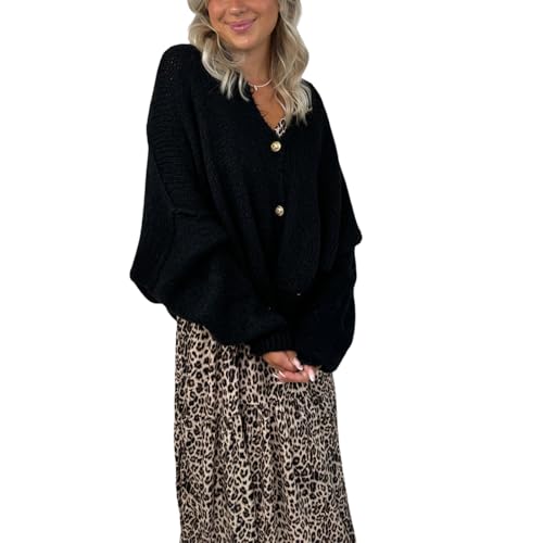 Damenmode Übergroße Strickjacke Lange Weite Ärmel Stehkragen Knopfverschluss Pullover Damen Herbst Winter Grobstrick Weiche Pullover (Schwarz, M) von WangsCanis