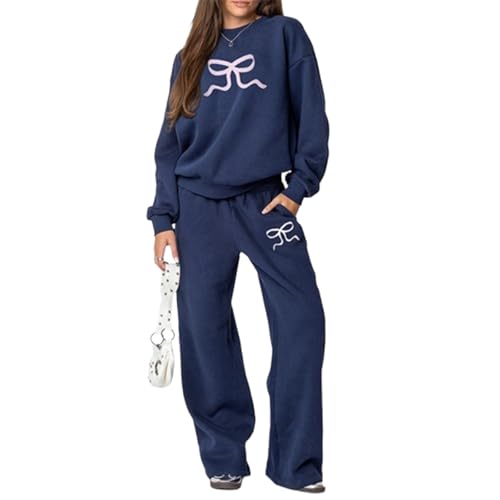 Frauen 2 STÜCKE Fliege Trainingsanzüge Co Ord Kleidung Set Langarm Oversized Schleifen Sweatshirt Elastisch Tailliert Breites Bein Jogginghose Sports Activewear Bekleidungsset (Marineblau, XL) von WangsCanis