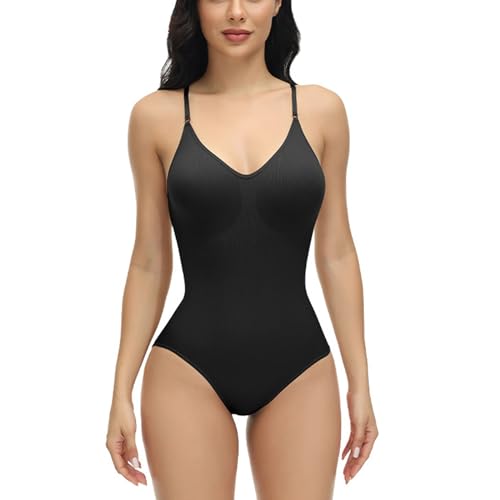 Frauen Einfarbige Formgebende Bodys Ärmellose Verstellbare Träger Bauchkontrolle Shapewear Strampler Nahtloser Sculpting Body Tanga Shaper Basic Bodysuits (Schwarz, S) von WangsCanis