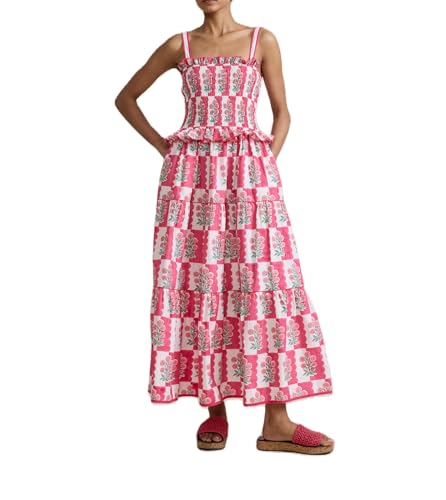 Frauen Sommer Urlaub Kleid Blumen Spaghettiträger Maxikleid Ärmelloses Gesmoktes Mieder Rüschen Taille Schößchen Rüsche Volle Länge Party Strand Sommerkleid (Rosa, XL) von WangsCanis