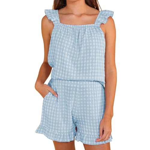 Frauen Täglich Passende Pyjama Set 2 STÜCKE Ärmellos Quadratischer Ausschnitt Niedliche Rüschen Babydoll Oberteile Elastisch Taillierte Shorts Sommer Lounge Kleidung Set (Blau Vichy-Karo, L) von WangsCanis