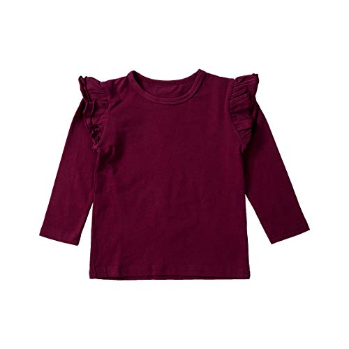 Kinder Basic T-Shirt Baby Mädchen Langarm Rüschen Schulter Tops Einfarbige Bluse Kleinkind Kleidung (Rot, 1-2 Jahre) von WangsCanis