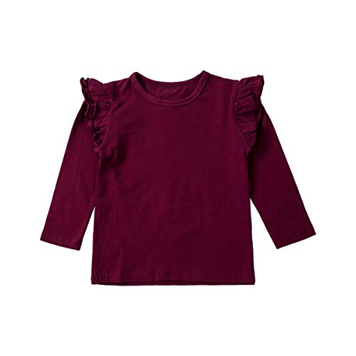 Kinder Basic T-Shirt Baby Mädchen Langarm Rüschen Schulter Tops Einfarbige Bluse Kleinkind Kleidung (Rot, 6-12 Monate) von WangsCanis