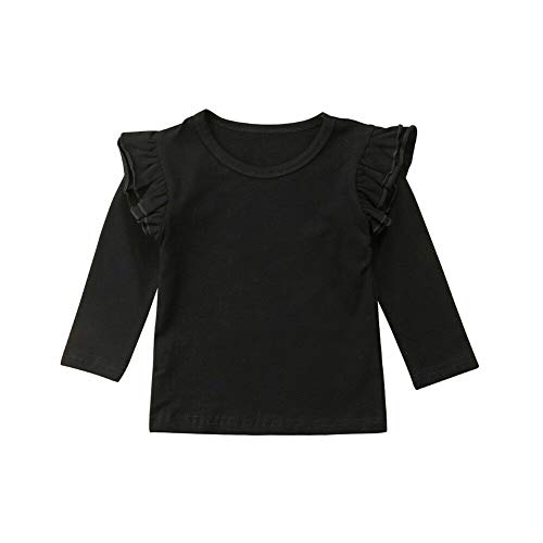 Kinder Basic T-Shirt Baby Mädchen Langarm Rüschen Schulter Tops Einfarbige Bluse Kleinkind Kleidung (Schwarz, 2-3 Jahre) von WangsCanis