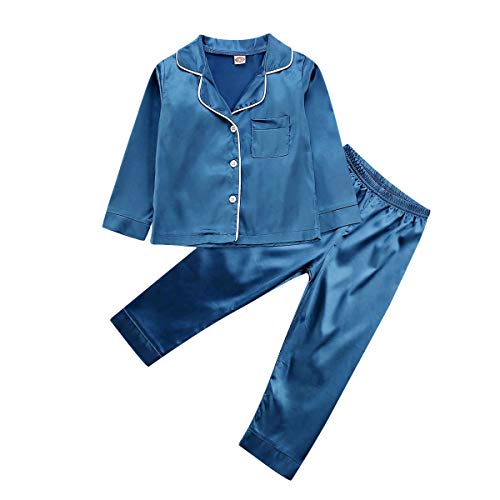 Kinder Jungen Mädchen Satin Pyjama Set mit Knopfleiste Nachtwäsche Einfarbiger Zweiteiliger Schlafanzug Langarm Shirt und Pyjamahose (Langarm Blau, 3-4 Jahre) von WangsCanis