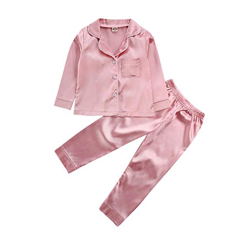 Kinder Jungen Mädchen Satin Pyjama Set mit Knopfleiste Nachtwäsche Einfarbiger Zweiteiliger Schlafanzug Langarm Shirt und Pyjamahose (Langarm Rosa, 3-4 Jahre) von WangsCanis