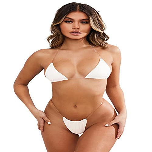 Micro-Bikini, 2-teilig, Damen, mit transparenten Trägern, einfarbig, sexy, Oberteil in Triangel-Form und String-Tanga, rückenfrei, weiß, S von WangsCanis