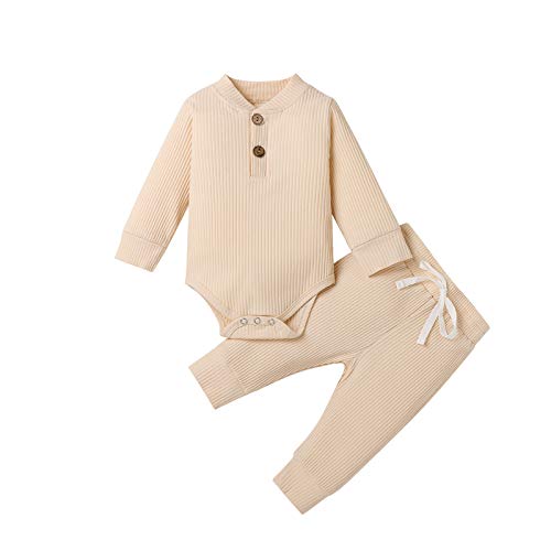 Neugeborene Unisex 2 Stück Baby Kleidung Junge Mädchen Solid Button Bodysuit Strampler Langarm Tops Kordelzug Hosen Strick Outfit (Aprikose, 0-3 Monate) von WangsCanis