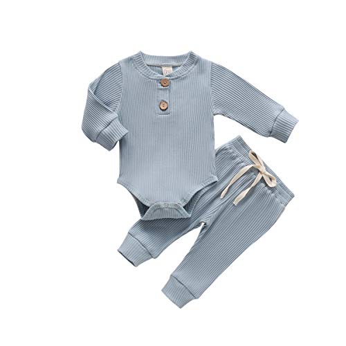 Neugeborene Unisex 2 Stück Baby Kleidung Junge Mädchen Solid Button Bodysuit Strampler Langarm Tops Kordelzug Hosen Strick Outfit (Blau-A,6-12 Monate) von WangsCanis