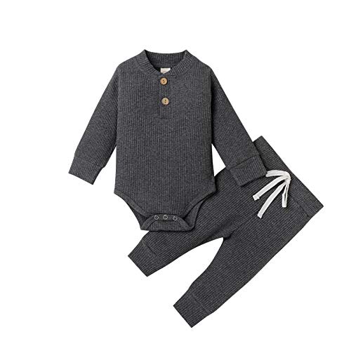 Neugeborene Unisex 2 Stück Baby Kleidung Junge Mädchen Solid Button Bodysuit Strampler Langarm Tops Kordelzug Hosen Strick Outfit (Dunkelgrau, 0-3 Monate) von WangsCanis