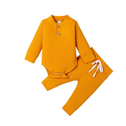 Neugeborene Unisex 2 Stück Baby Kleidung Junge Mädchen Solid Button Bodysuit Strampler Langarm Tops Kordelzug Hosen Strick Outfit (Gelb, 12-18 Monate) von WangsCanis
