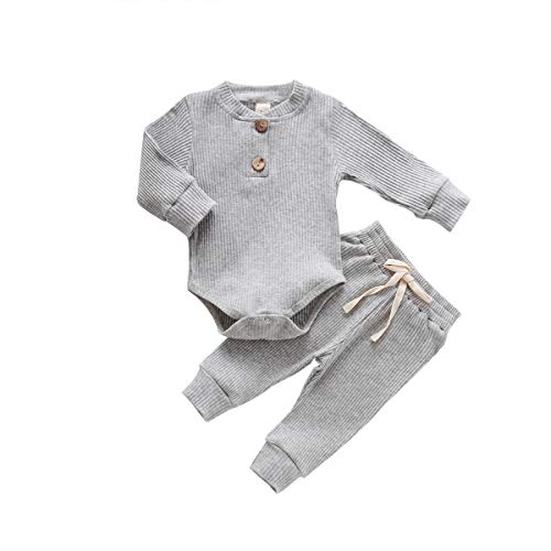 Neugeborene Unisex 2 Stück Baby Kleidung Junge Mädchen Solid Button Bodysuit Strampler Langarm Tops Kordelzug Hosen Strick Outfit (Grau,0-3 Monate) von WangsCanis