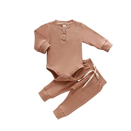 Neugeborene Unisex 2 Stück Baby Kleidung Junge Mädchen Solid Button Bodysuit Strampler Langarm Tops Kordelzug Hosen Strick Outfit (Hellbraun,0-3 Monate) von WangsCanis
