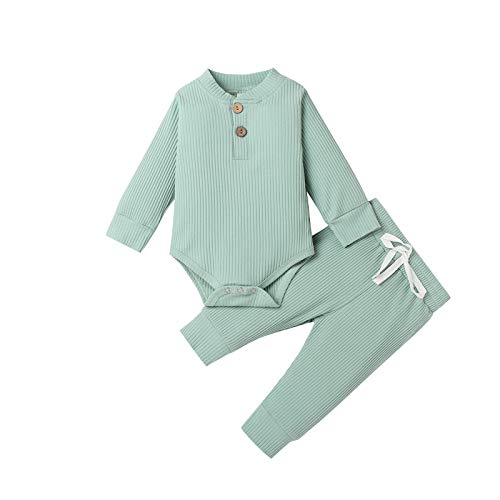 Neugeborene Unisex 2 Stück Baby Kleidung Junge Mädchen Solid Button Bodysuit Strampler Langarm Tops Kordelzug Hosen Strick Outfit (Hellgrün, 3-6 Monate) von WangsCanis