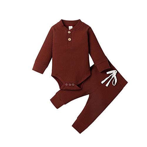 Neugeborene Unisex 2 Stück Baby Kleidung Junge Mädchen Solid Button Bodysuit Strampler Langarm Tops Kordelzug Hosen Strick Outfit (Kaffee, 0-3 Monate) von WangsCanis