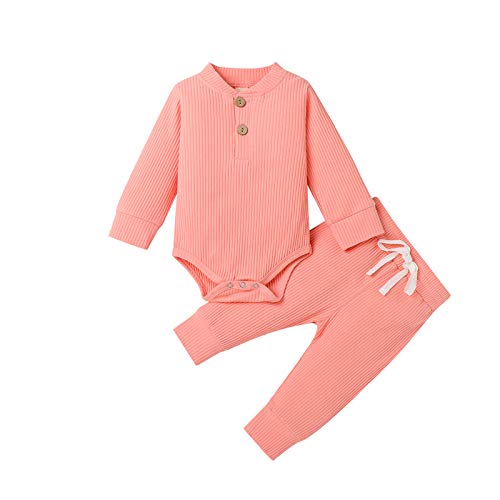 Neugeborene Unisex 2 Stück Baby Kleidung Junge Mädchen Solid Button Bodysuit Strampler Langarm Tops Kordelzug Hosen Strick Outfit (Rosa, 0-3 Monate) von WangsCanis