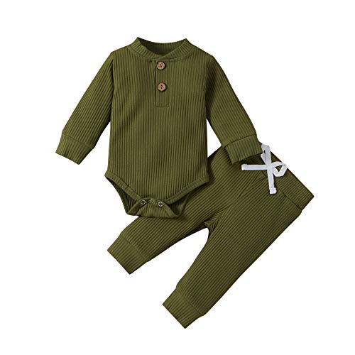 Neugeborene Unisex 2 Stück Baby Kleidung Junge Mädchen Solid Button Bodysuit Strampler Langarm Tops Kordelzug Hosen Strick Outfit von WangsCanis