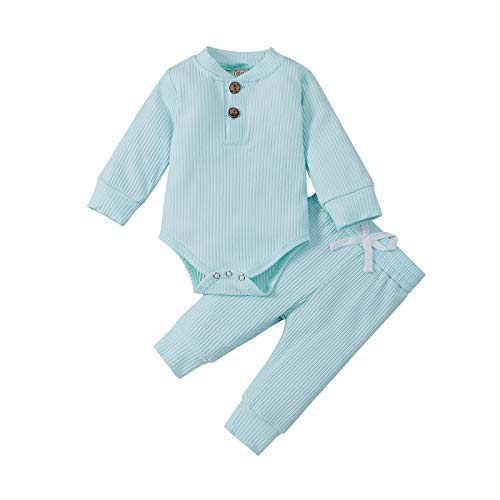 Neugeborene Unisex 2 Stück Baby Kleidung Junge Mädchen Solid Button Bodysuit Strampler Langarm Tops Kordelzug Hosen Strick Outfit von WangsCanis